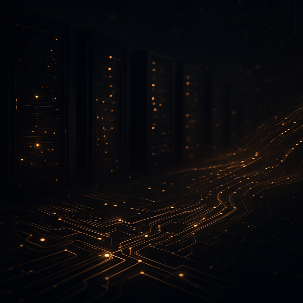 Information technology concept with data center and glowing circuits